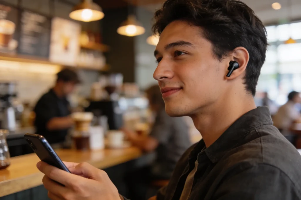 Person using active noise cancellation wireless earbuds in a coffee shop in 2026