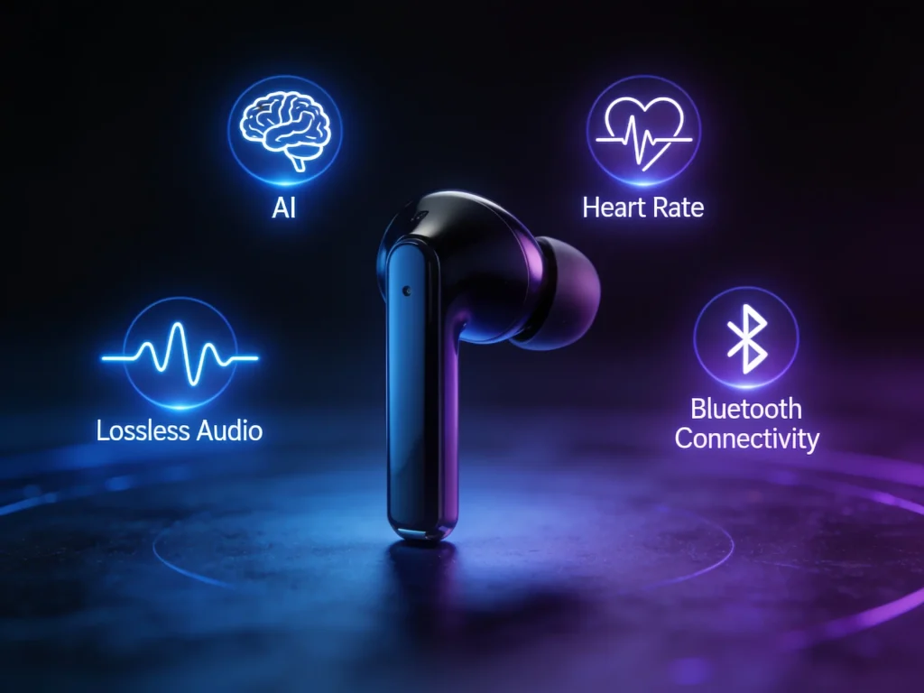 Wireless earbuds 2026 AI and health monitoring tech features visualization