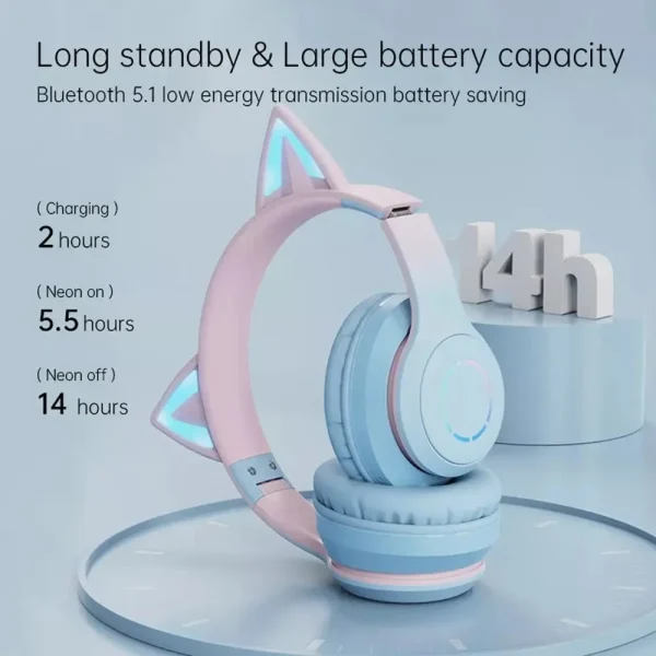 Kids Wireless Cat Ear Headphones with Removable Microphone - RGB LED Bluetooth Gaming & Music Headset