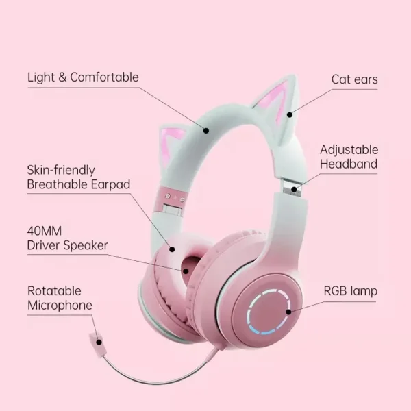Kids Wireless Cat Ear Headphones with Removable Microphone - RGB LED Bluetooth Gaming & Music Headset