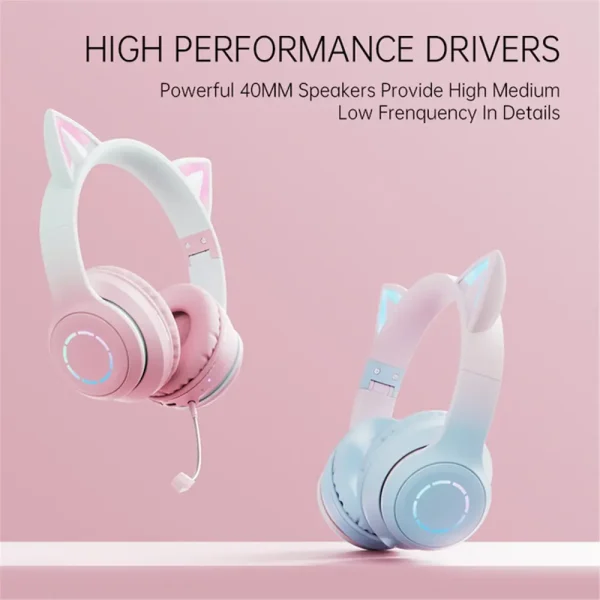 Kids Wireless Cat Ear Headphones with Removable Microphone - RGB LED Bluetooth Gaming & Music Headset