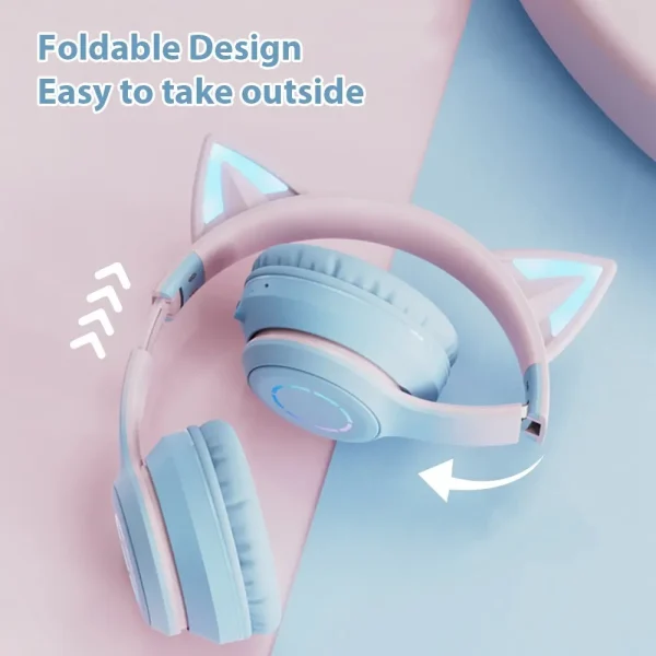 Kids Wireless Cat Ear Headphones with Removable Microphone - RGB LED Bluetooth Gaming & Music Headset