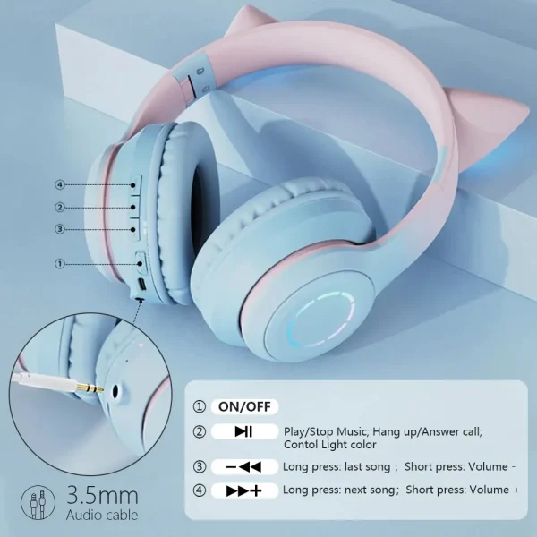 Kids Wireless Cat Ear Headphones with Removable Microphone - RGB LED Bluetooth Gaming & Music Headset