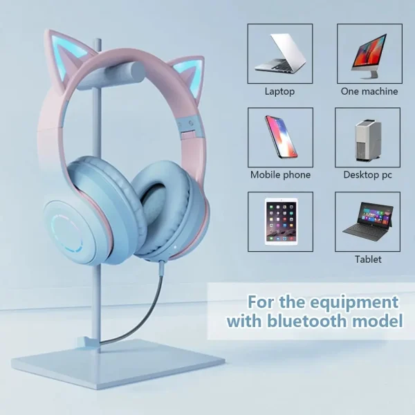 Kids Wireless Cat Ear Headphones with Removable Microphone - RGB LED Bluetooth Gaming & Music Headset