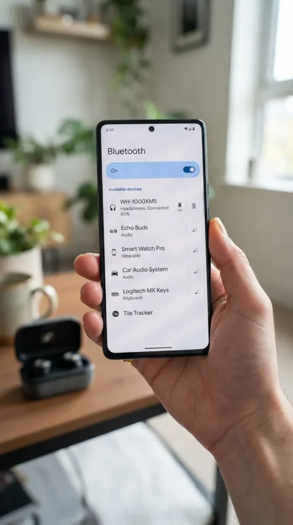 Android phone Bluetooth settings screen showing available devices during earbuds pairing