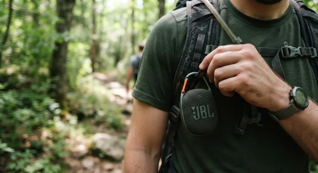 camper's hand clipping a small speaker to a backpack