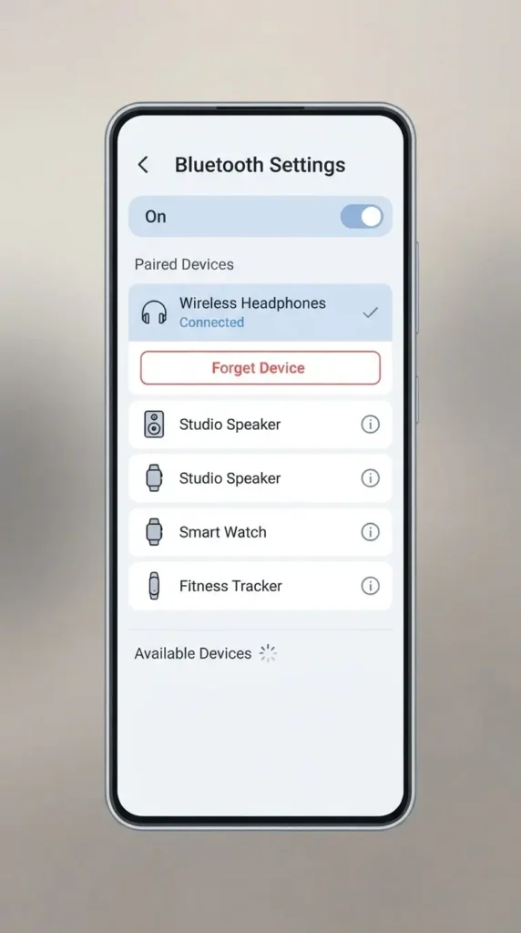 Bluetooth settings screen showing saved and forgotten paired devices