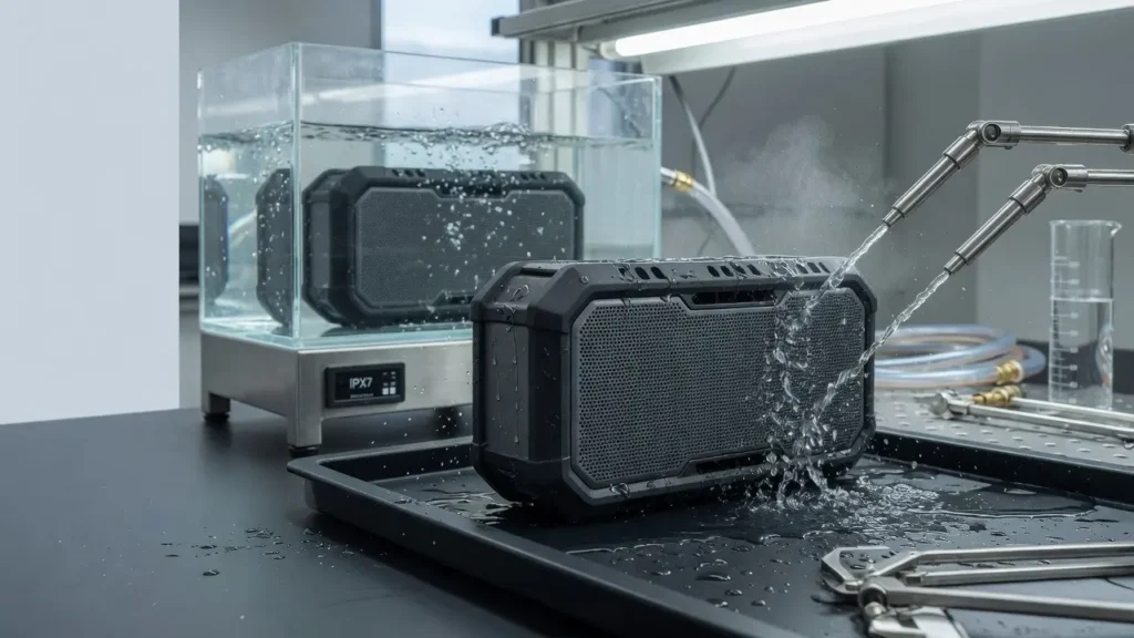 Bluetooth speaker undergoing water resistance testing with splashes