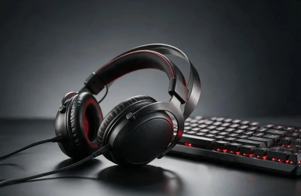 Black wired gaming headset with red accents next to a mechanical keyboard with red backlighting