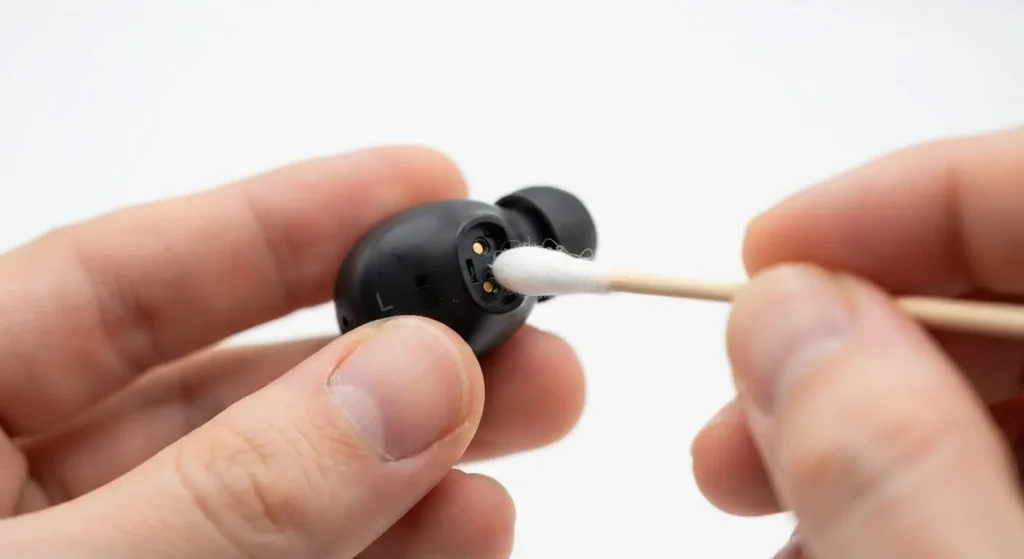 Cleaning the metal charging contacts of a wireless earbud with a cotton swab