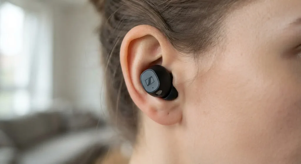 Close-up of a correctly fitted wireless earbud in a person's ear