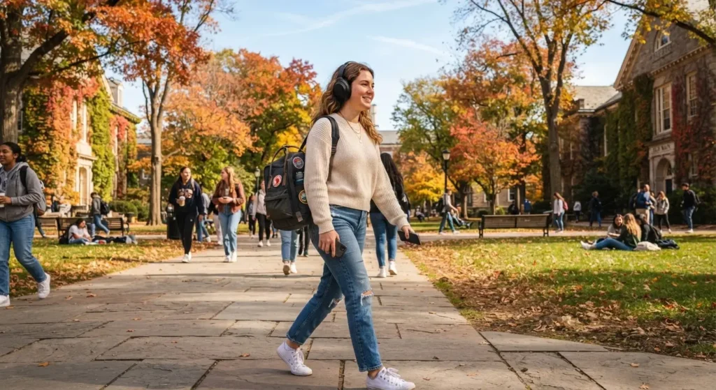 College student wearing over-ear wireless headphones while walking across campus.
