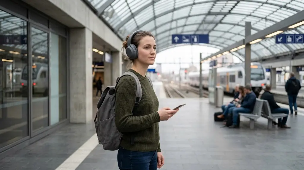 Commuter wearing over-ear headphones while waiting at a train station