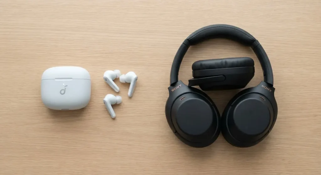 Comparison of wireless earbuds and over-ear headphones side by side.