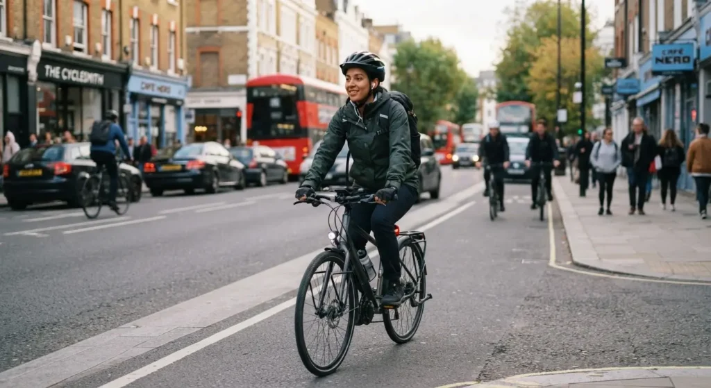 Cyclist on a city street wearing one earbud with the other ear uncovered for safety