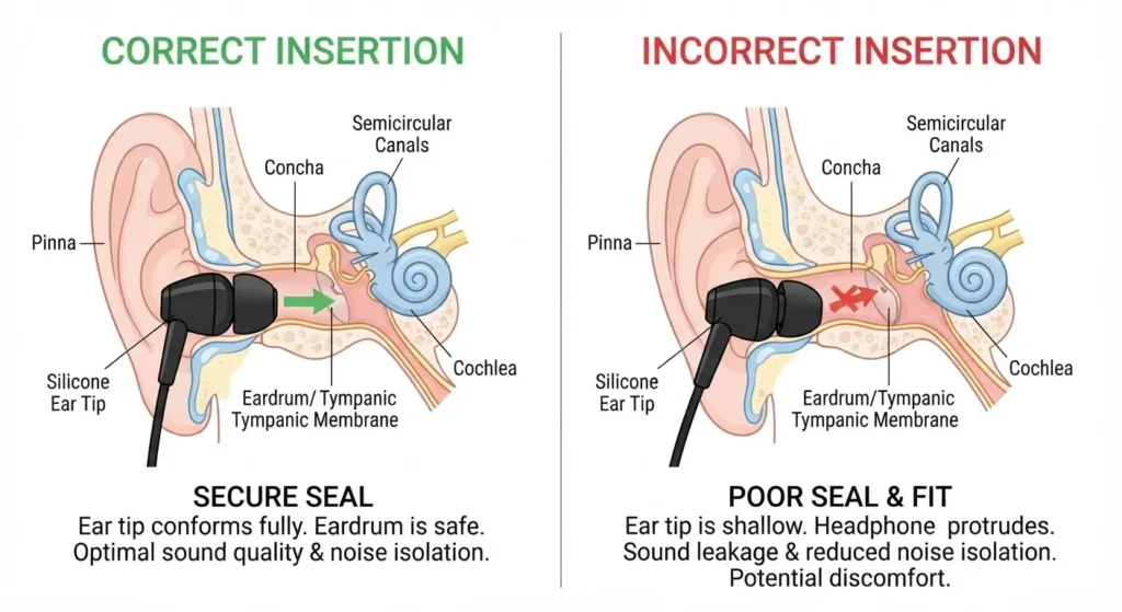 Diagram comparing correct and incorrect noise cancelling earbud fit