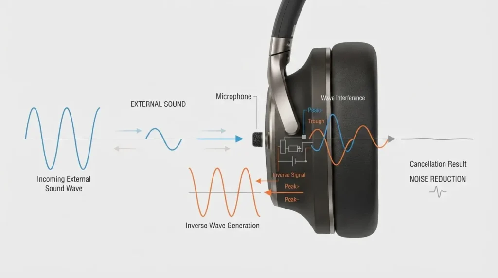 Diagram showing how ANC headphones cancel incoming sound waves with an inverse wave