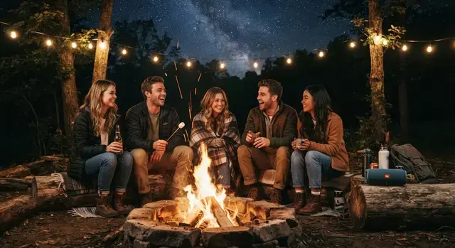 Friends gathered around a campfire at night with music playing from a portable speaker