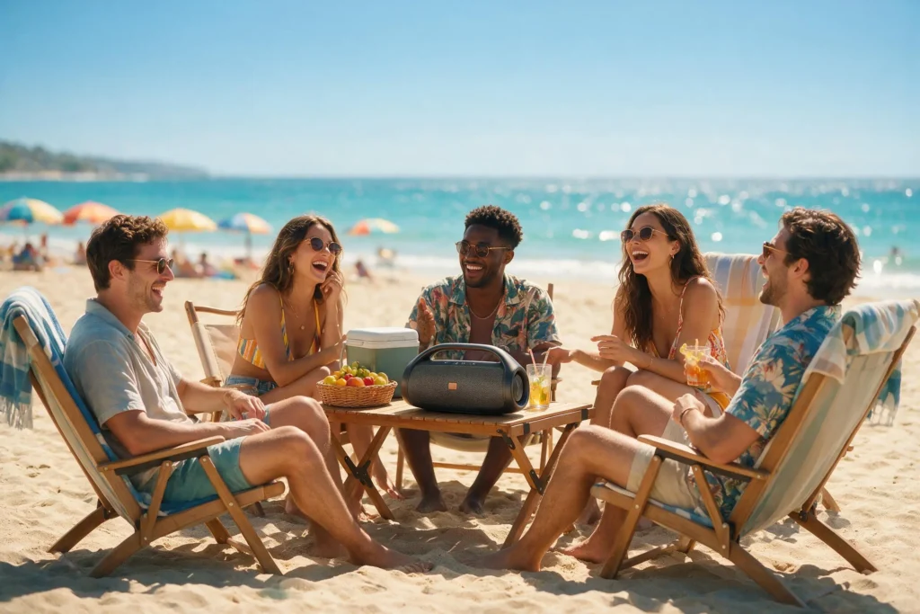Friends gathered around a waterproof speaker during a beach day