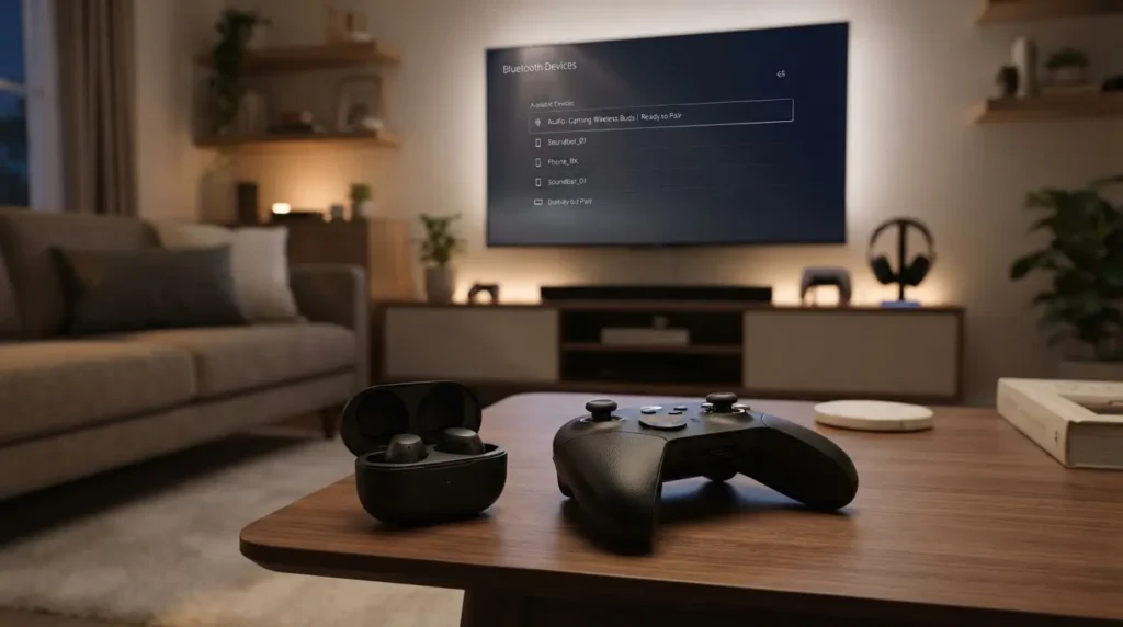 Gaming console Bluetooth settings menu with wireless earbuds ready to pair