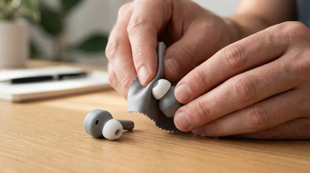 Hands cleaning in-ear headphone tips for hygiene maintenance