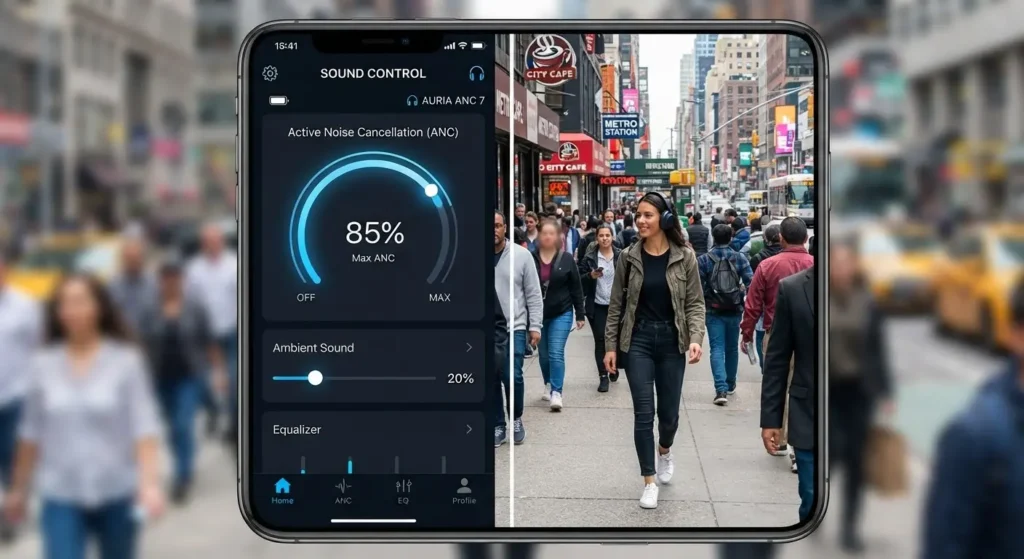Headphone app settings screen showing adjustable ANC level slider
