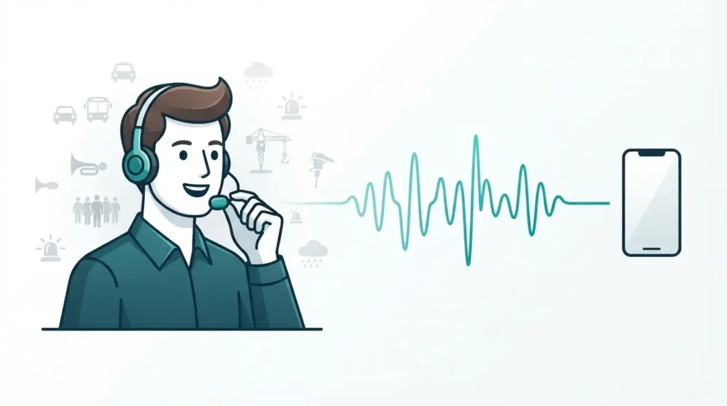 Illustration showing ENC filtering background noise from a person's voice during a call