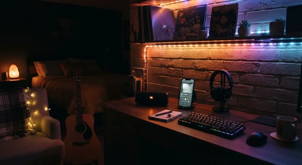 A music-themed desk setup with a speaker, headphones, and colorful LED strip lights glowing along a brick wall