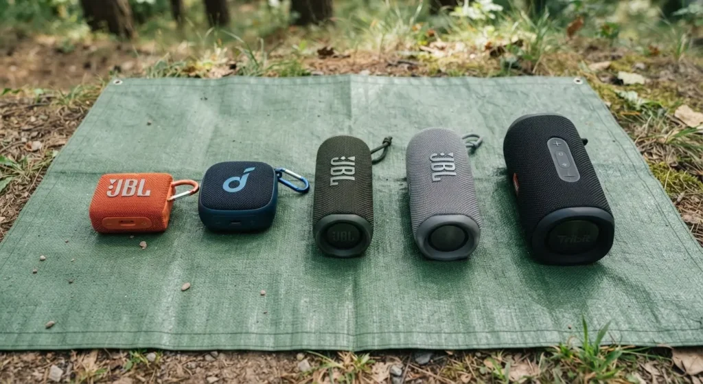 five different portable speakers arranged on a camping tarp