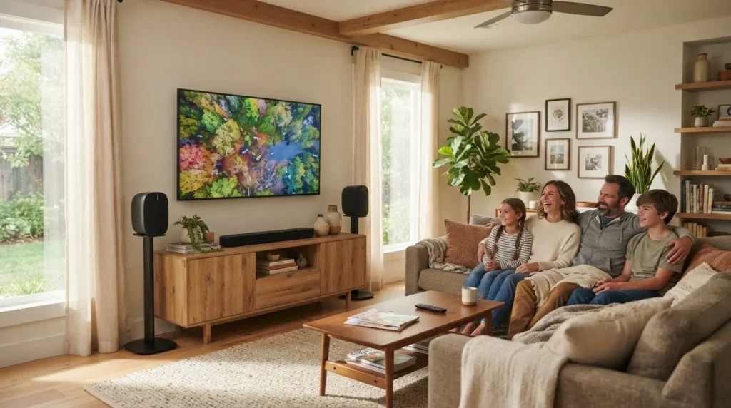 Living room setup with two paired Bluetooth speakers on either side of a TV for stereo sound