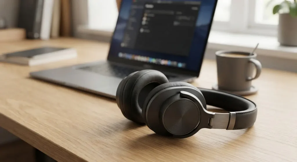 Over-ear headphones for working from home placed on a desk next to a laptop