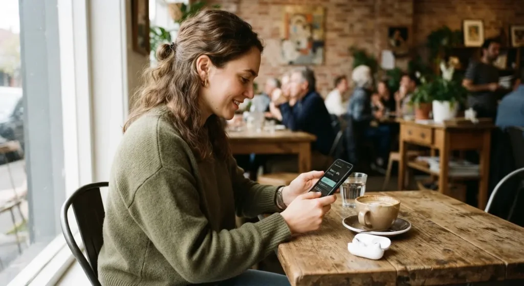 Person checking earbud battery percentage on a phone at a cafe table