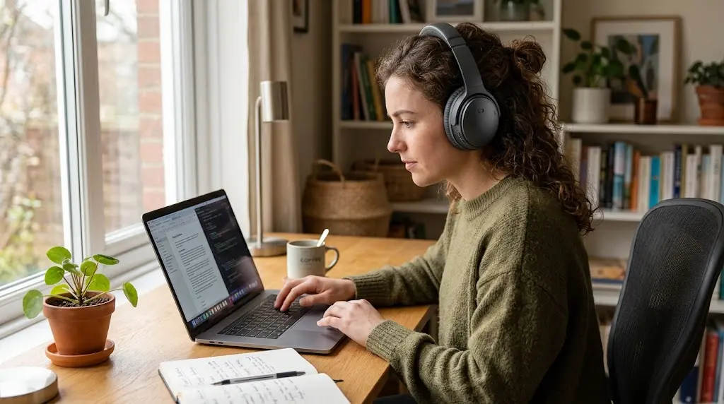 Person wearing over-ear headphones while working from home