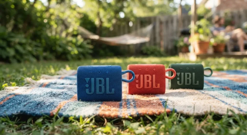 Three JBL Go 4 portable speakers in blue, red, and green on a blanket in an outdoor setting
