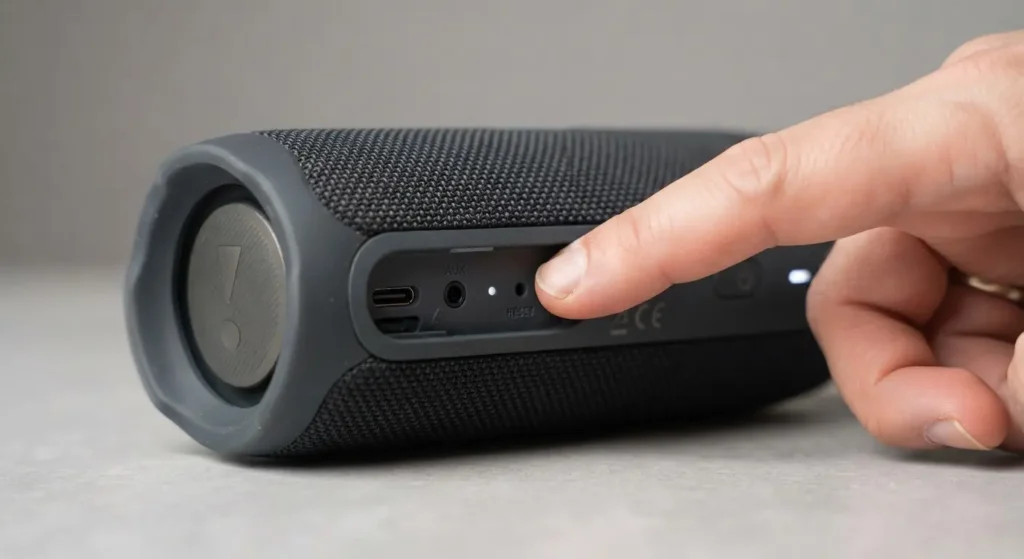Pressing the reset button on the back panel of a Bluetooth speaker