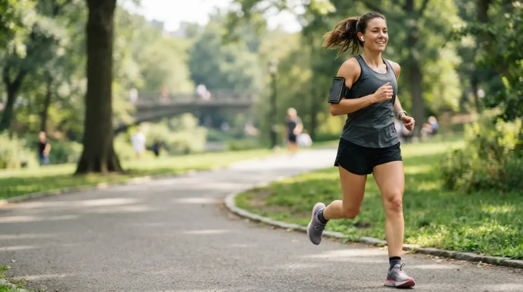 Runner wearing wireless earbuds with phone in an armband during exercise