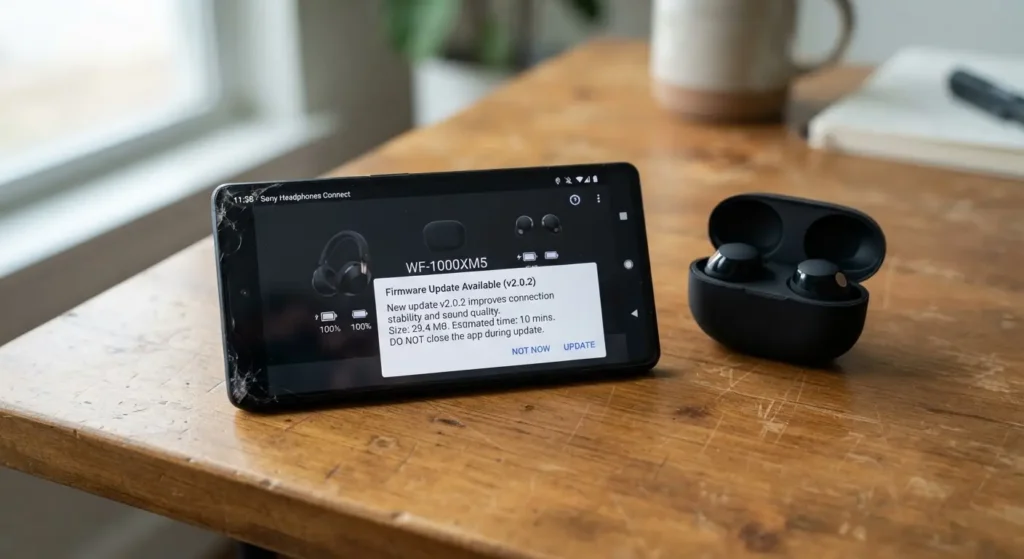 Smartphone app showing a noise cancelling headphone firmware update