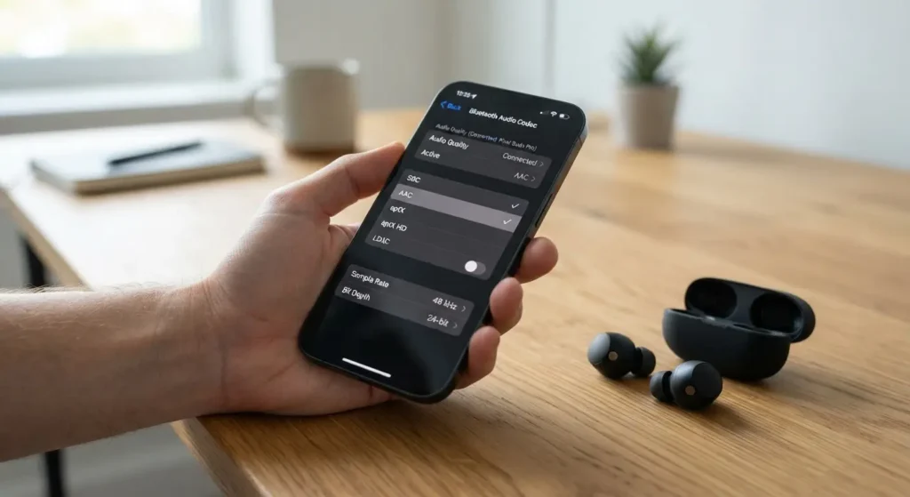 Smartphone screen showing Bluetooth codec settings next to wireless earbuds