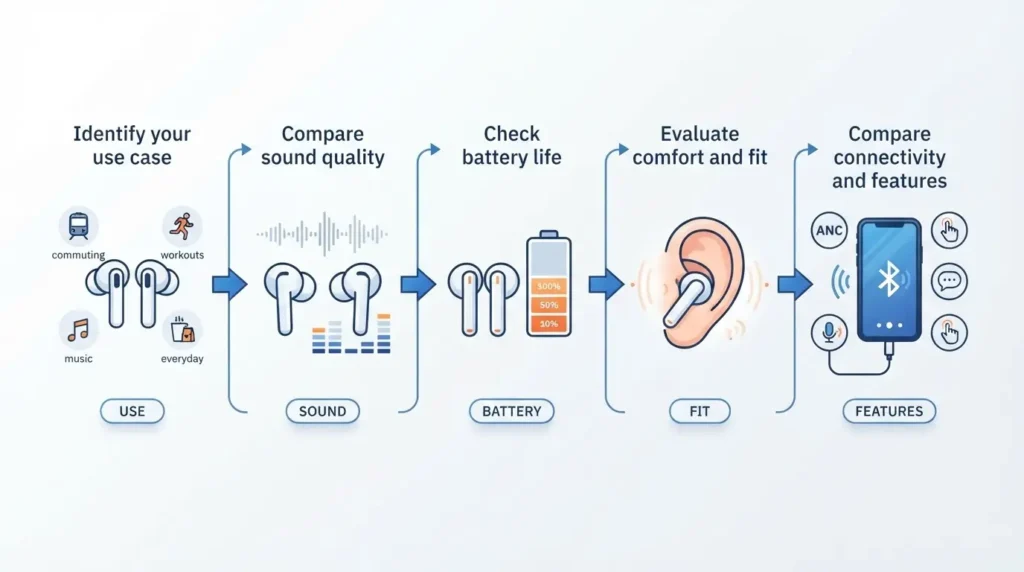 Step-by-step infographic for choosing the right wireless earbuds