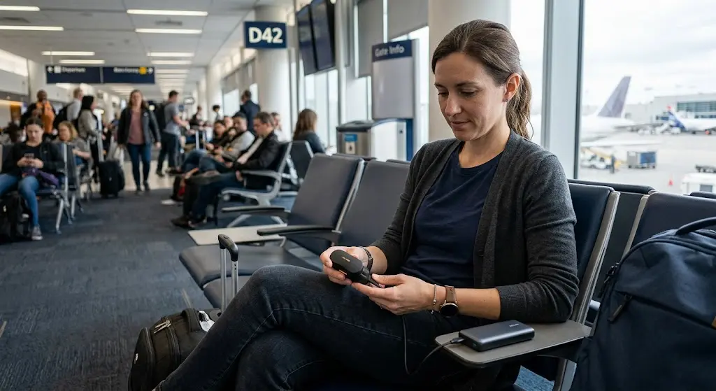 Traveler charging wireless earbuds case at airport gate during weekend trip