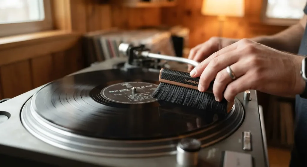 Person cleaning vinyl record with carbon fiber anti-static brush