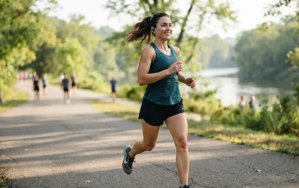 Woman using wireless earbuds during an outdoor run