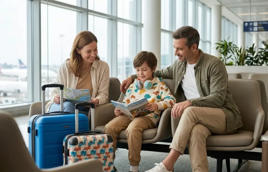 child with foldable safe volume headphones ready for travel