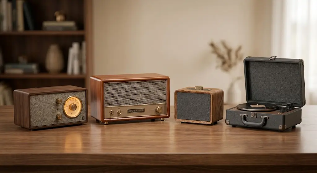 collection of retro-style Bluetooth speakers in different vintage designs