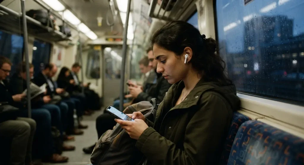 commuter using wireless earbuds during daily train ride