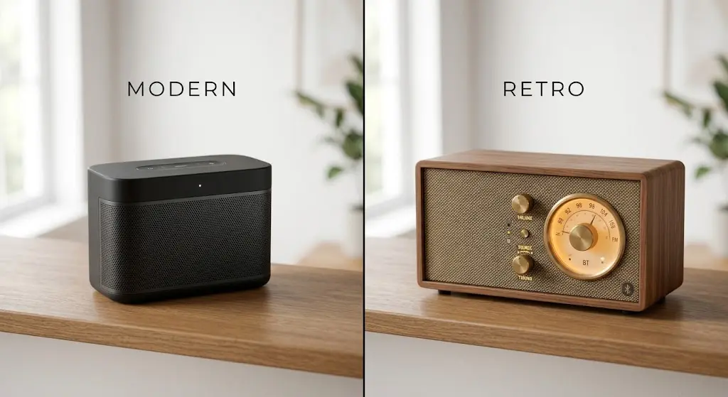 comparison of a modern black speaker versus a retro wood speaker on a home shelf