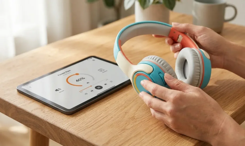 parent checking safe volume limit on kids headphones