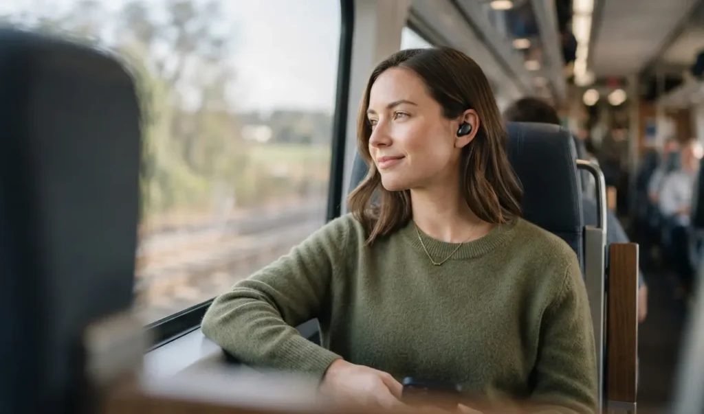 person wearing budget wireless earbuds during daily commute