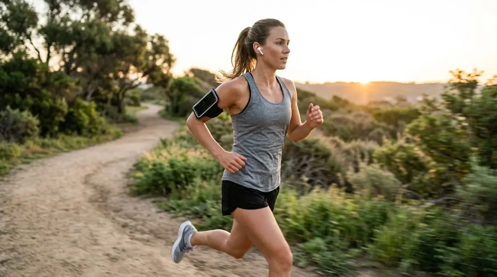 runner wearing wireless earbuds outdoors during morning jog
