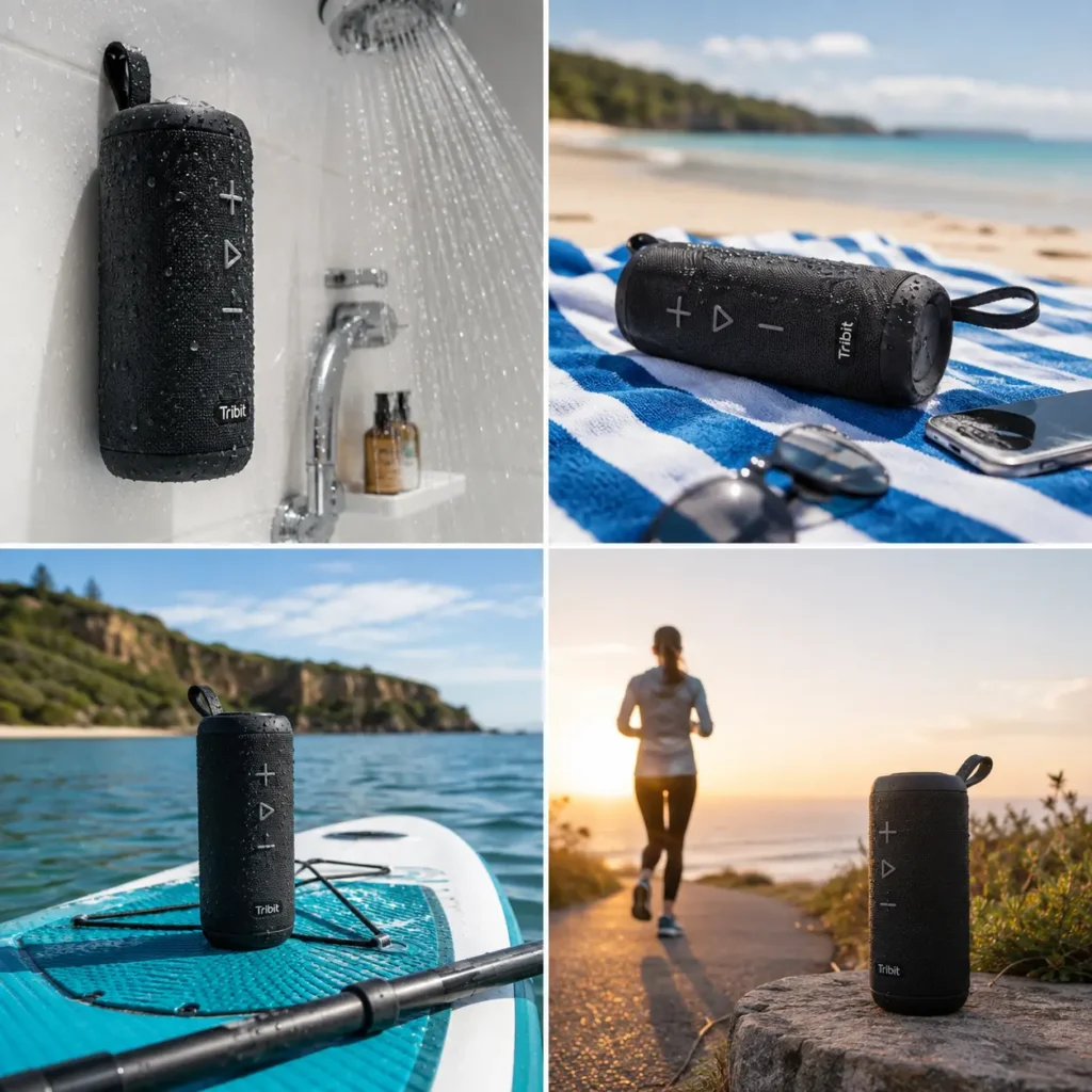 waterproof Bluetooth speaker used in shower, beach, paddleboard, and jogging scenarios